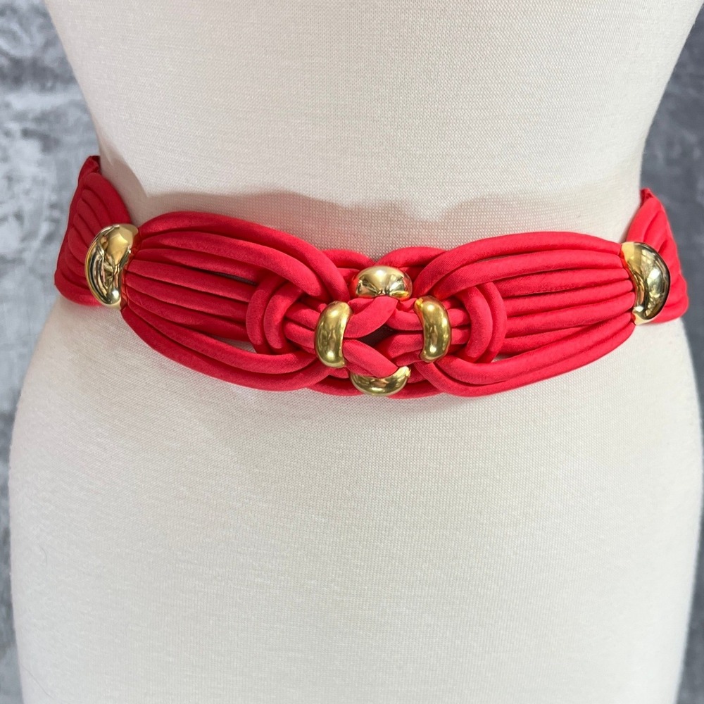 VTG 80s Hot Pink Knotted Braided Fabric Statement Belt Gold Hook Loop Retro S/M